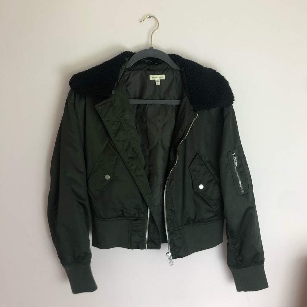 Green Bomber Jacket with Removable Fleece Collar